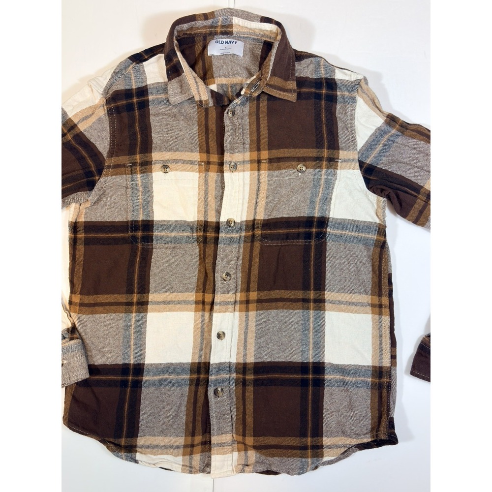 Old Navy Double-Brushed Long Sleeve Flannel Mens Small Gray White Plaid Shirt